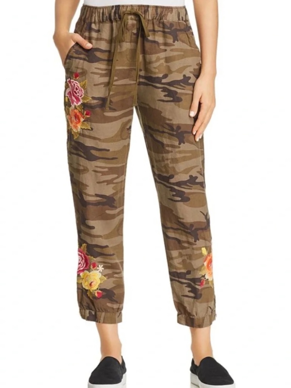 Johnny was JW Los Angeles Floral Embroidered Camo print linen crop pants